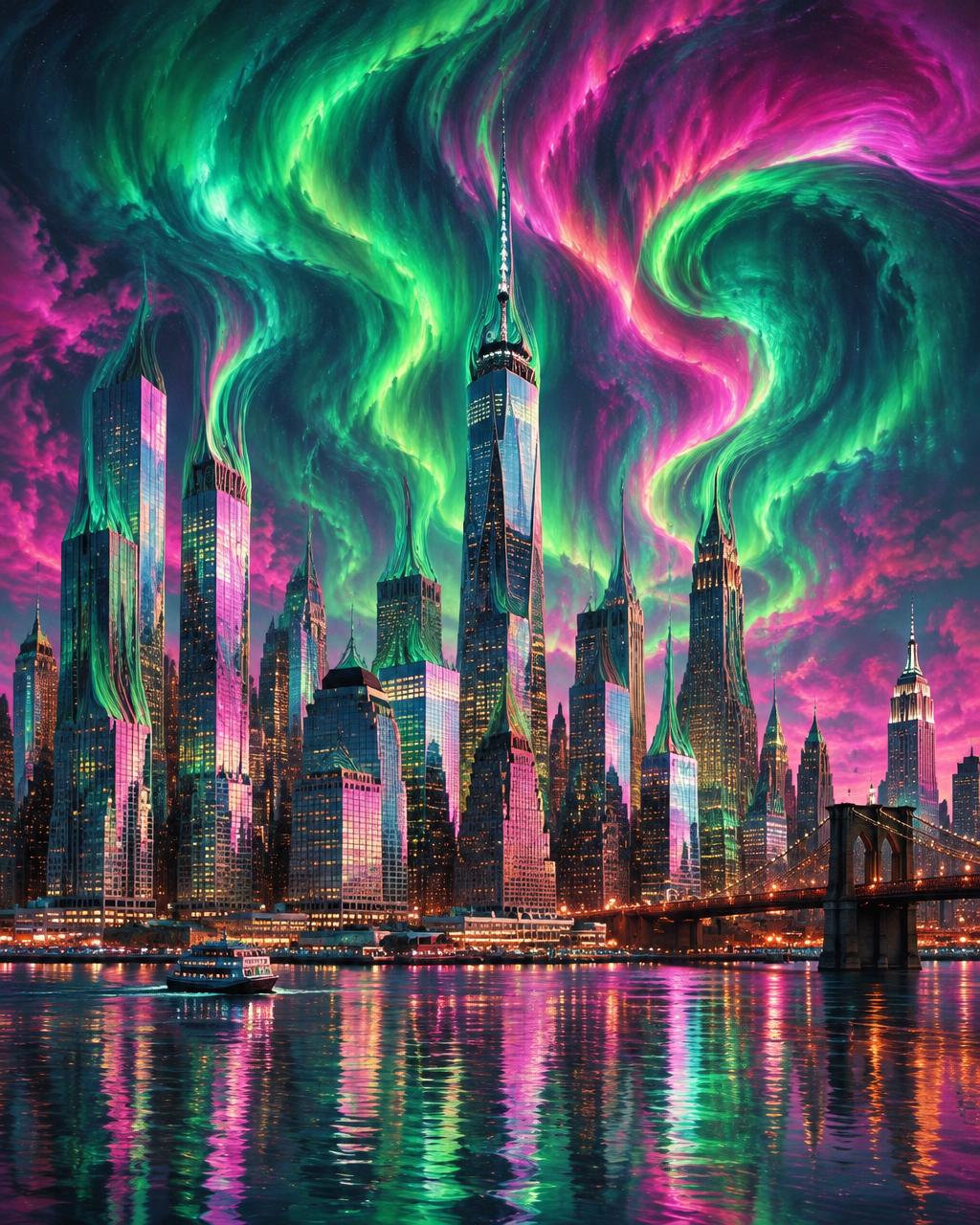 Aurora Over Manhattan — AI-generated artwork, not a real photograph