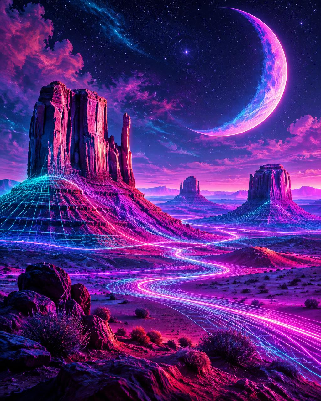 Neon Desert Dream — AI-generated artwork, not a real photograph